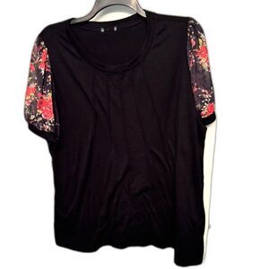 Black Pleated Front Top w/ Floral Sheer Puff Sleeves |  Blouse Size XL/XXL